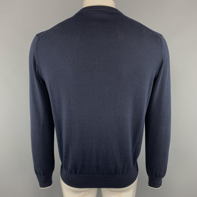 ERMENEGILDO ZEGNA Size L Navy Cotton V-Neck Pullover Sweater