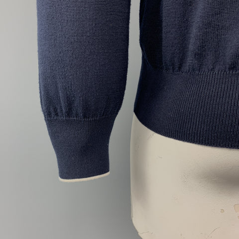 ERMENEGILDO ZEGNA Size L Navy Cotton V-Neck Pullover Sweater