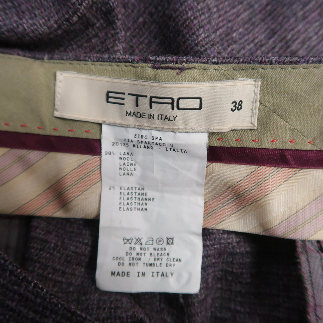 ETRO Pantalones de vestir de pierna ancha de tweed elástico de lana púrpura talla 2