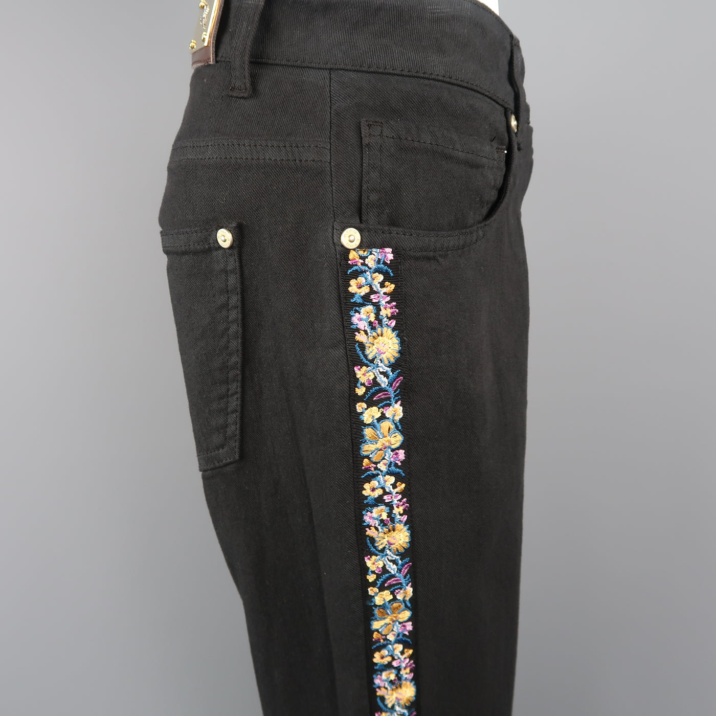 ETRO Size 29 Black Stretch Cotton Floral Trim Boot Cut Jeans