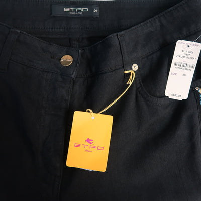 ETRO Size 29 Black Stretch Cotton Floral Trim Boot Cut Jeans