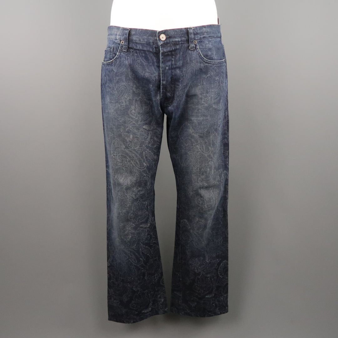 ETRO Size 32 Indigo Paisley Denim Button Fly Jeans