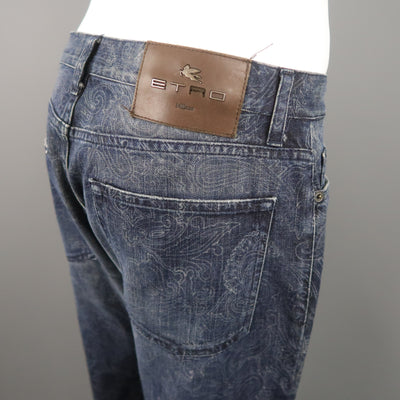 ETRO Size 32 Indigo Paisley Denim Button Fly Jeans