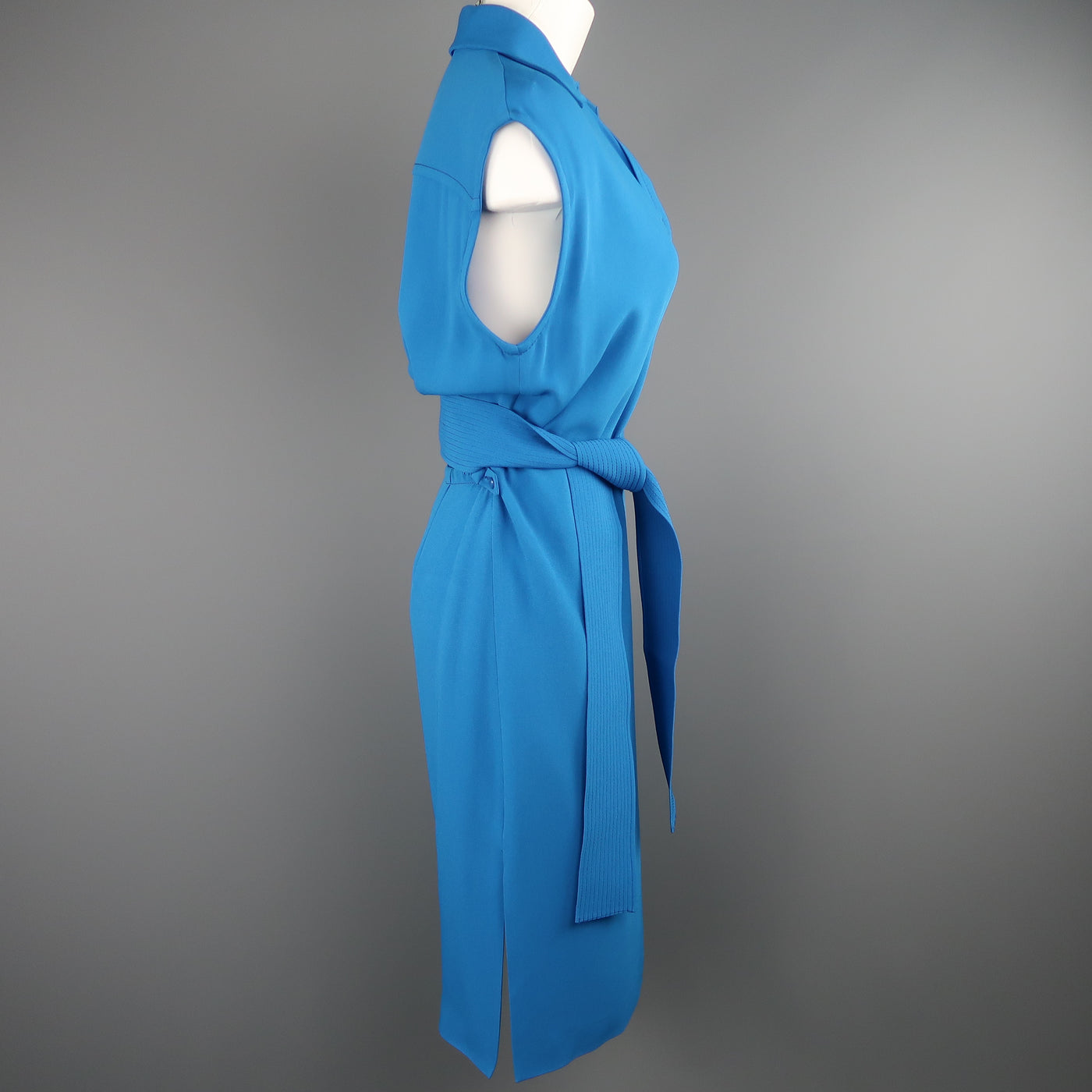 ETRO Size 4 Aqua Blue SLeeveless Half Button Sash Belt Dress