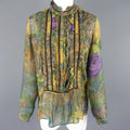ETRO Size 4 Green Floral Chiffon Velvit Trimmed Ruffle Bib Blouse ETRO