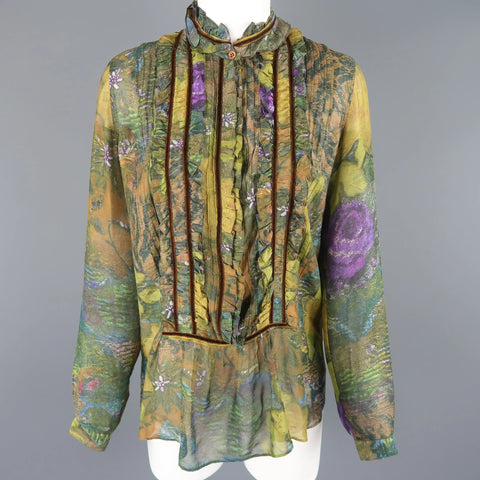 ETRO Size 4 Green Floral Chiffon Velvit Trimmed Ruffle Bib Blouse ETRO