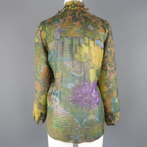 ETRO Size 4 Green Floral Chiffon Velvit Trimmed Ruffle Bib Blouse ETRO