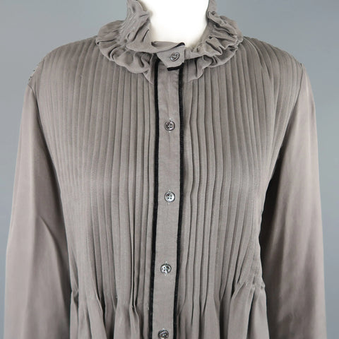 ETRO Size 6 Grey Pleated Velvet Trim Ruffle Blouse ETRO