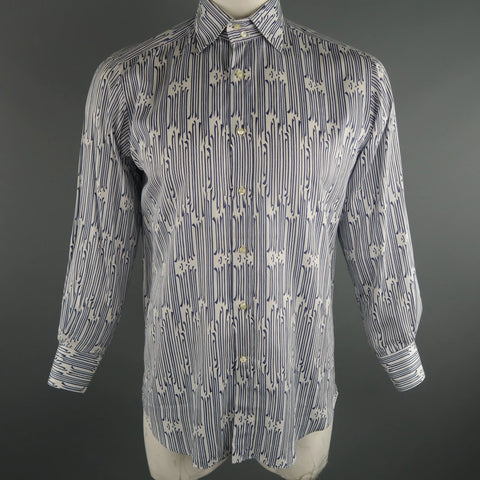 ETRO Size L Navy & White Print Cotton Long Sleeve Shirt ETRO