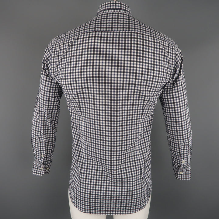 ETRO Size S Navy Checkered Cotton Button Up Long Sleeve Shirt