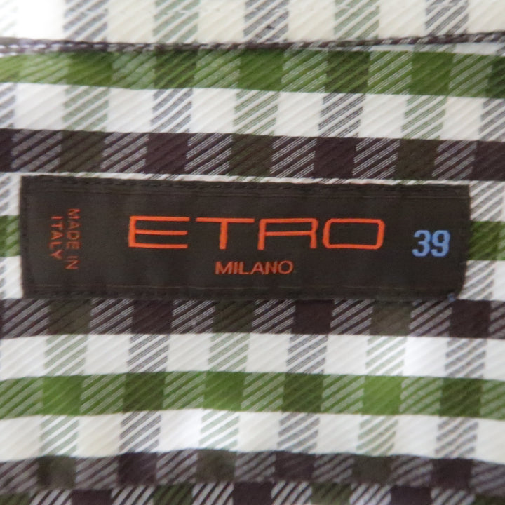 ETRO Size S White & Green Checkered Cotton Button Up Long Sleeve Shirt