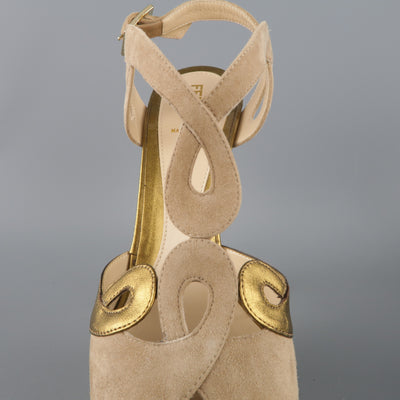 FENDI Size 9 Taupe Suede & Metallic Gold Leather Peep Toe Platform Sandals