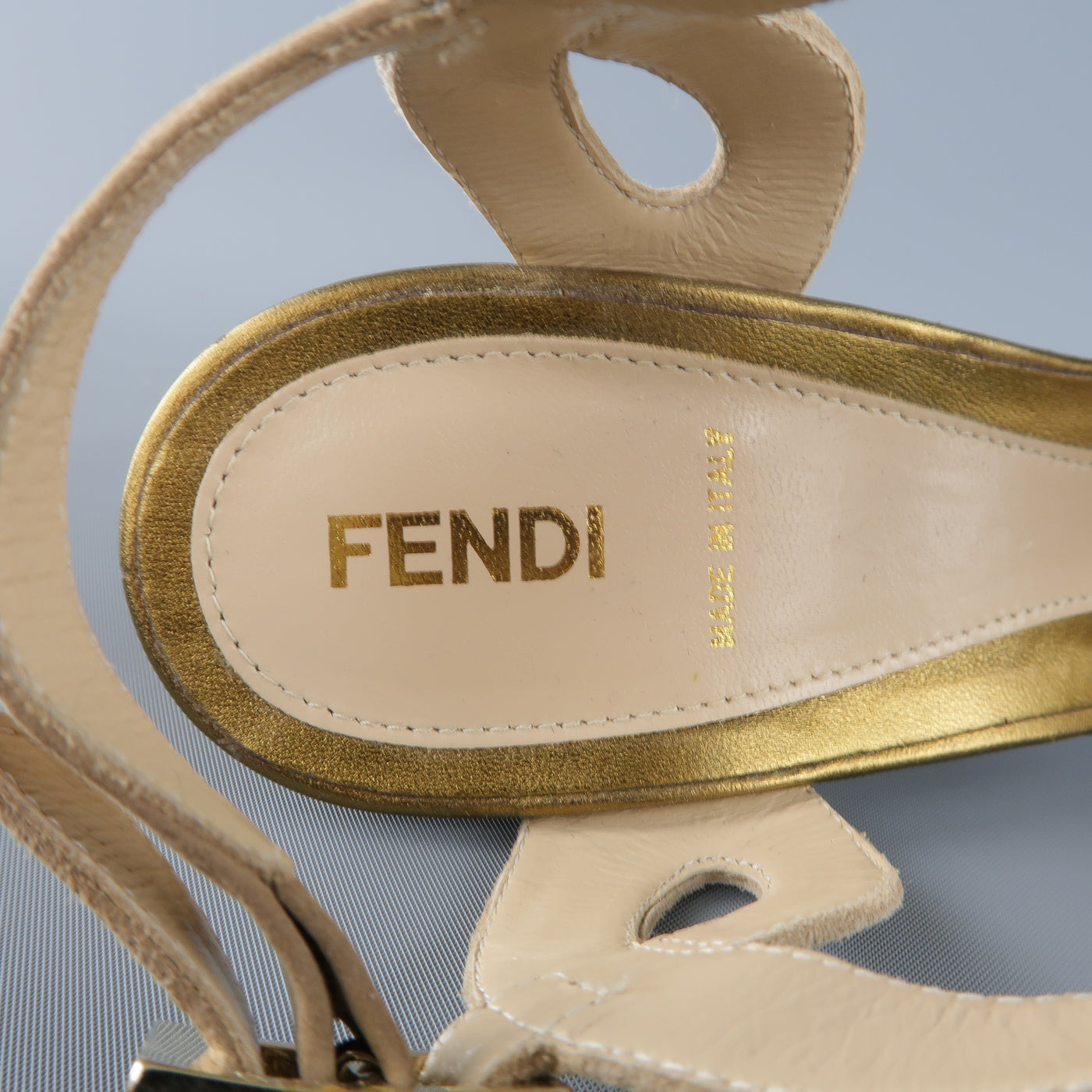FENDI Size 9 Taupe Suede & Metallic Gold Leather Peep Toe Platform Sandals