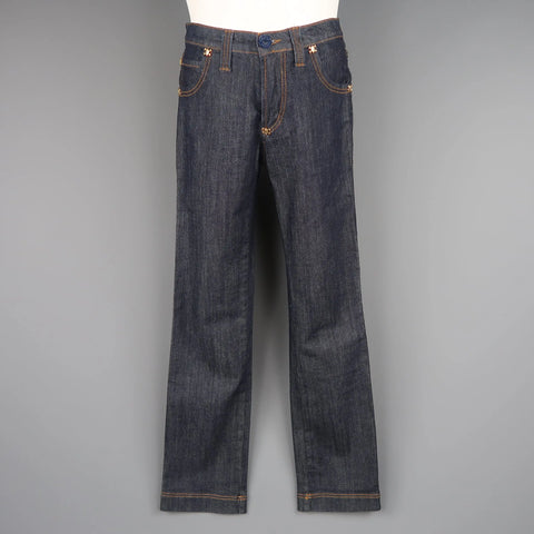 FRANKIE MORELLO 30 Indigo Contrast Stitch Denim Gold Skull Crossbones Stud Jeans FRANKIE MORELLO