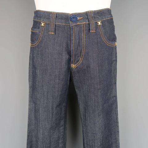 FRANKIE MORELLO 30 Indigo Contrast Stitch Denim Gold Skull Crossbones Stud Jeans FRANKIE MORELLO