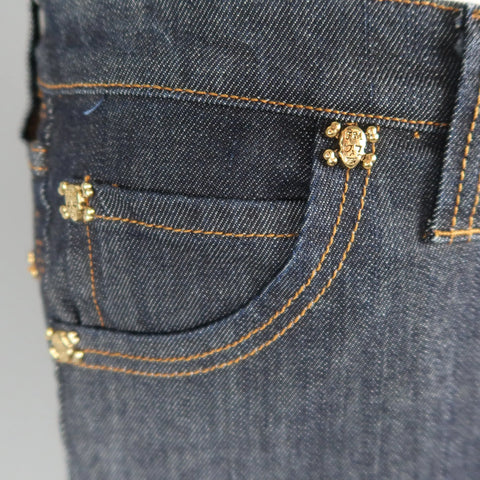 FRANKIE MORELLO 30 Indigo Contrast Stitch Denim Gold Skull Crossbones Stud Jeans FRANKIE MORELLO