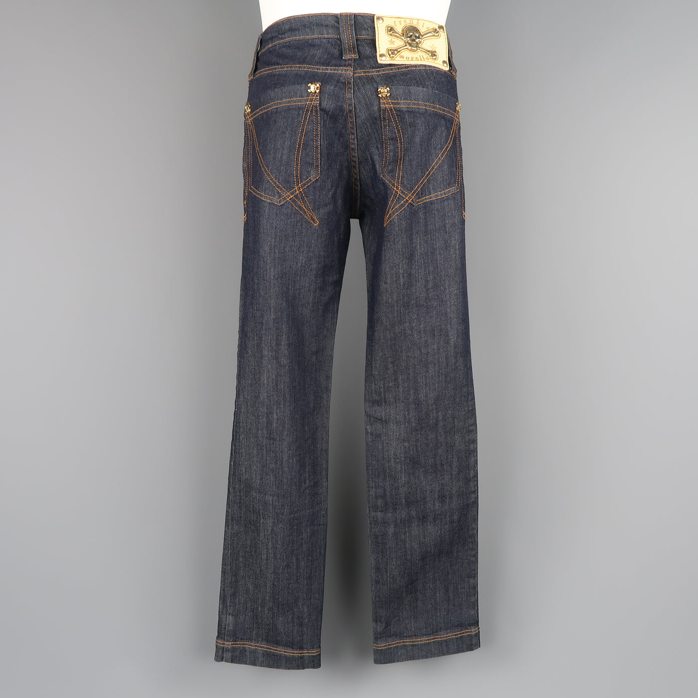FRANKIE MORELLO 30 Indigo Contrast Stitch Denim Gold Skull Crossbones Stud Jeans