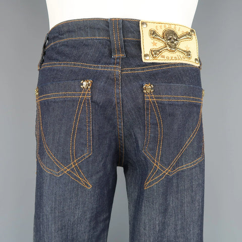 FRANKIE MORELLO 30 Indigo Contrast Stitch Denim Gold Skull Crossbones Stud Jeans FRANKIE MORELLO