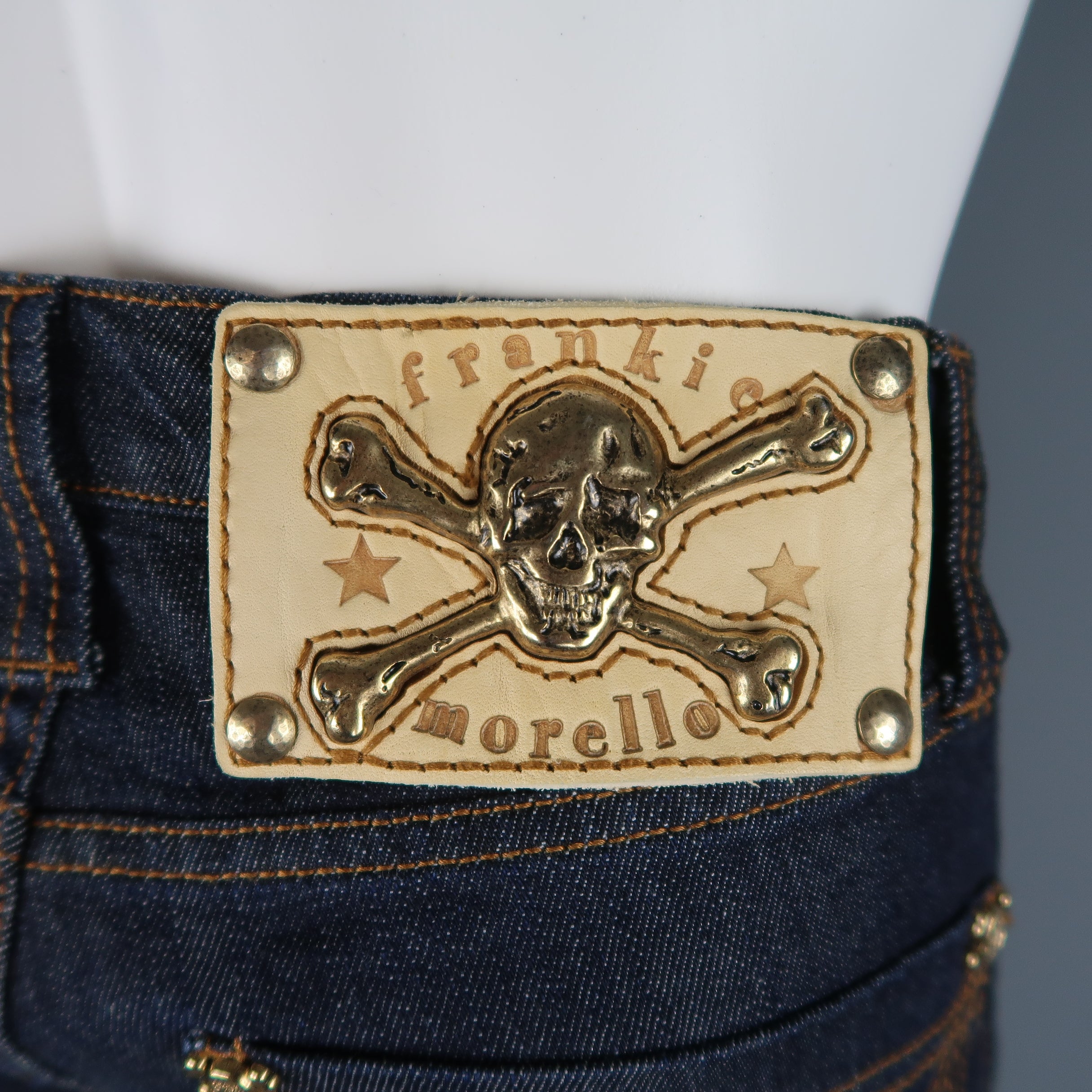 FRANKIE MORELLO 30 Indigo Contrast Stitch Denim Gold Skull
