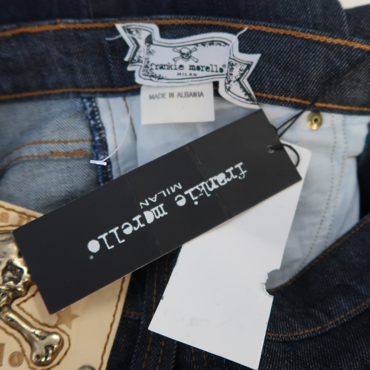 FRANKIE MORELLO 30 Indigo Contrast Stitch Denim Gold Skull Crossbones Stud Jeans