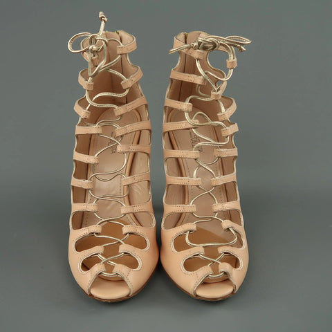GIAMBATTISTA VALLI Size 9 Pink Leather Lace Up Peep Toe Sandals GIAMBATTISTA VALLI