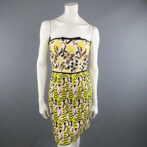 GIAMBATTISTA VALLI US 2 / IT 38 Yellow Pink & Beige Linen & Lace Cocktail Dress GIAMBATTISTA VALLI