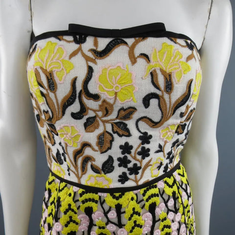 GIAMBATTISTA VALLI US 2 / IT 38 Yellow Pink & Beige Linen & Lace Cocktail Dress GIAMBATTISTA VALLI