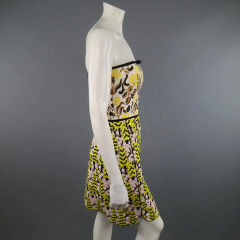 GIAMBATTISTA VALLI US 2 / IT 38 Yellow Pink & Beige Linen & Lace Cocktail Dress GIAMBATTISTA VALLI
