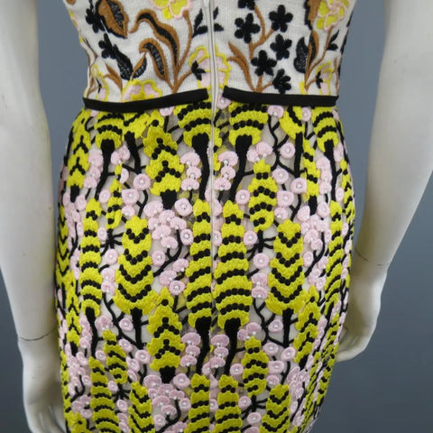 GIAMBATTISTA VALLI US 2 / IT 38 Yellow Pink & Beige Linen & Lace Cocktail Dress GIAMBATTISTA VALLI