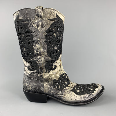 GIANNI BARBATO Size 8 Black & White Embroidery Leather Pull On Boots