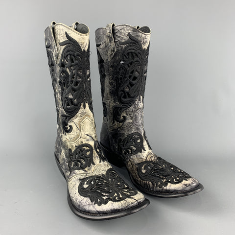 GIANNI BARBATO Size 8 Black & White Embroidery Leather Pull On Boots