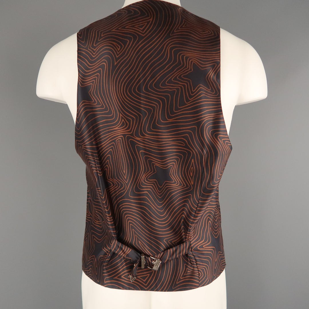 GIANNI VERSACE Size S Black and Brown Star Print Silk V Neck Vest