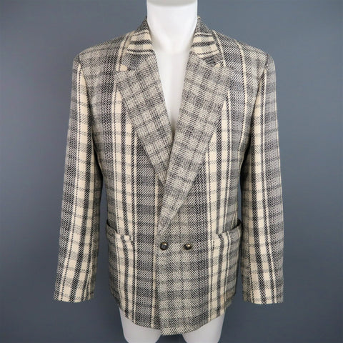 GIANNI VERSACE 40 Short Grey & Beige Plaid Wool Blend Double Breasted Jacket GIANNI VERSACE