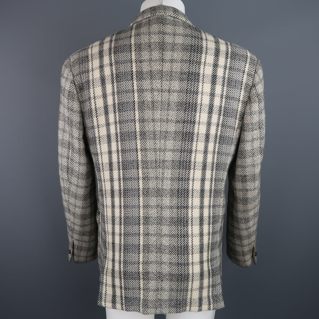 GIANNI VERSACE 40 Short Grey & Beige Plaid Wool Blend Double Breasted Jacket