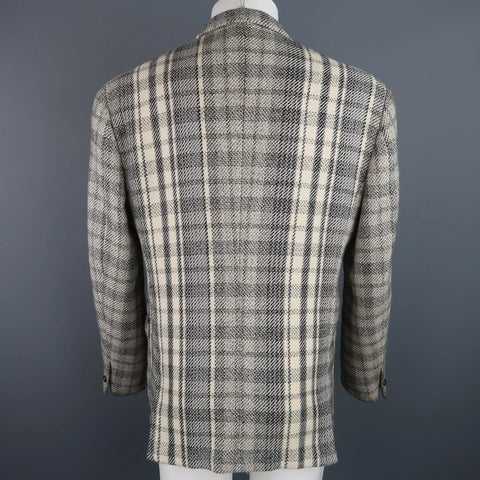 GIANNI VERSACE 40 Short Grey & Beige Plaid Wool Blend Double Breasted Jacket GIANNI VERSACE