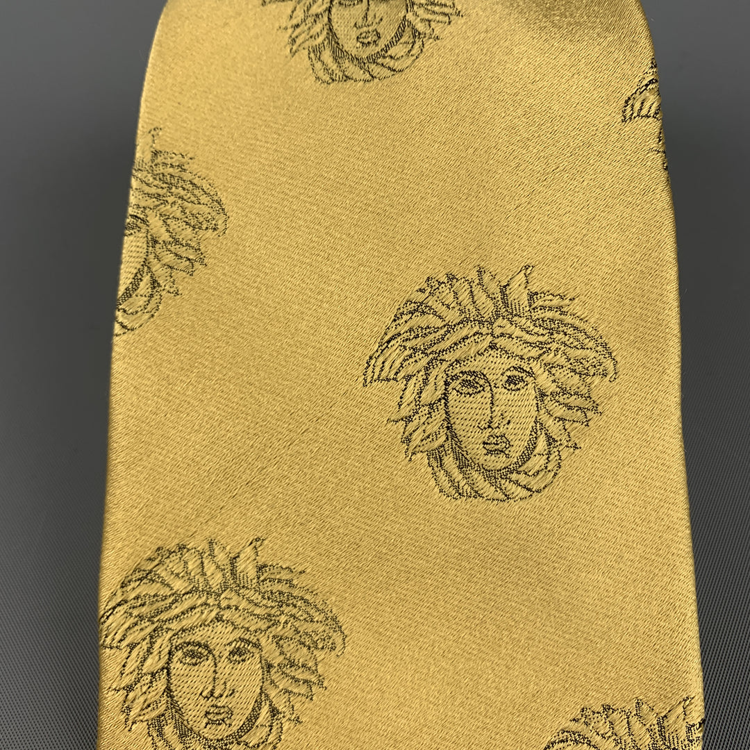 GIANNI VERSACE Gold Silk Medusa Heads Print Tie
