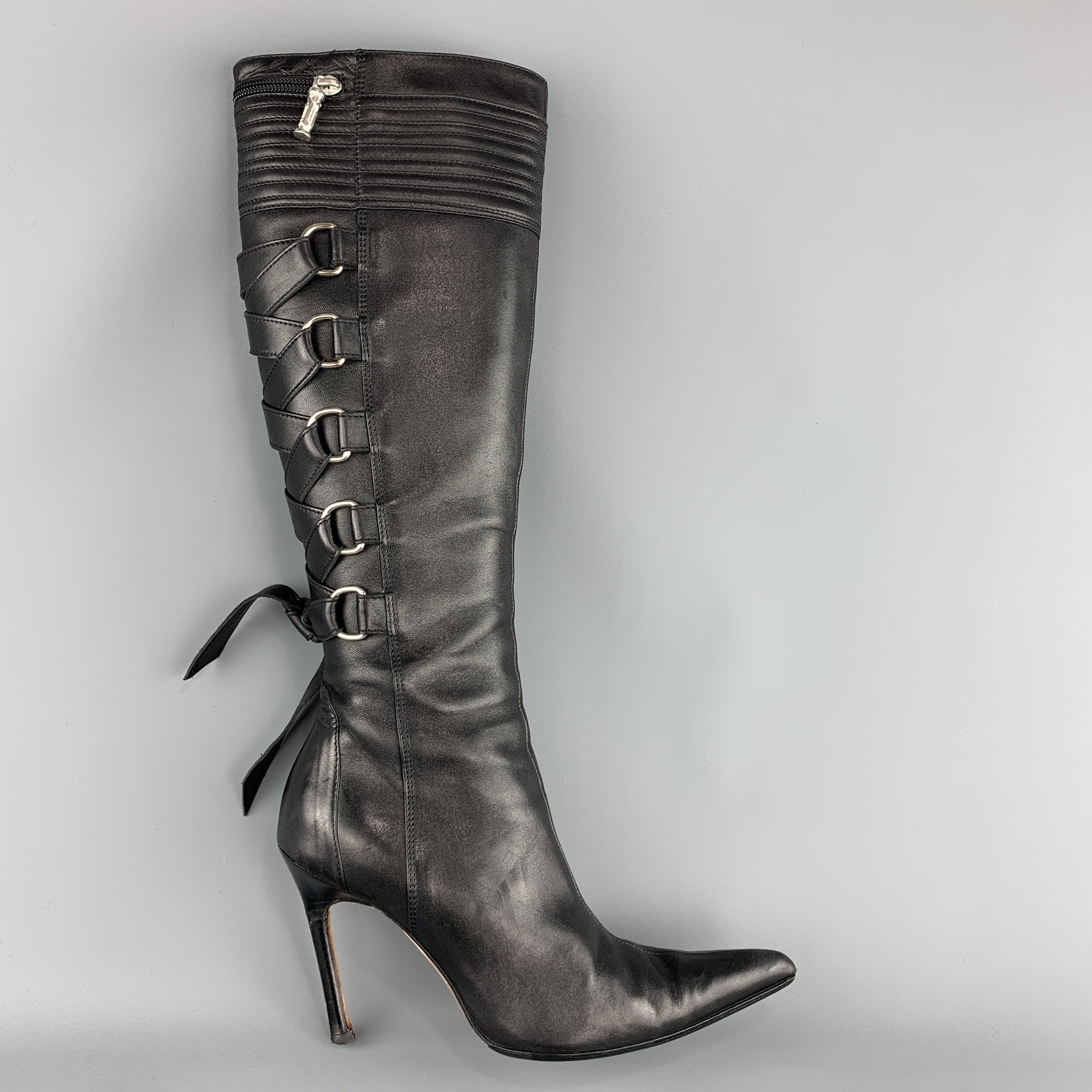 GIANNI VERSACE Size 8 Black Corset Back Pointed Knee High Boots Sui Generis Designer Consignment