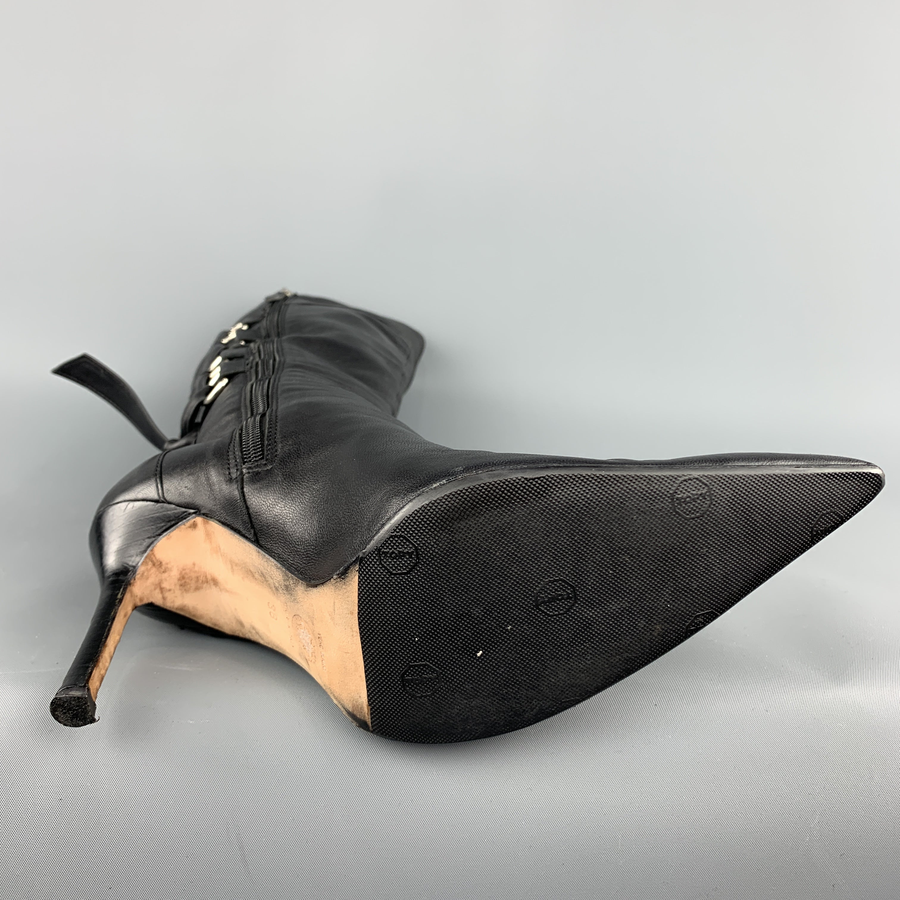 GIANNI VERSACE Size 8 Black Corset Back Pointed Knee High Boots