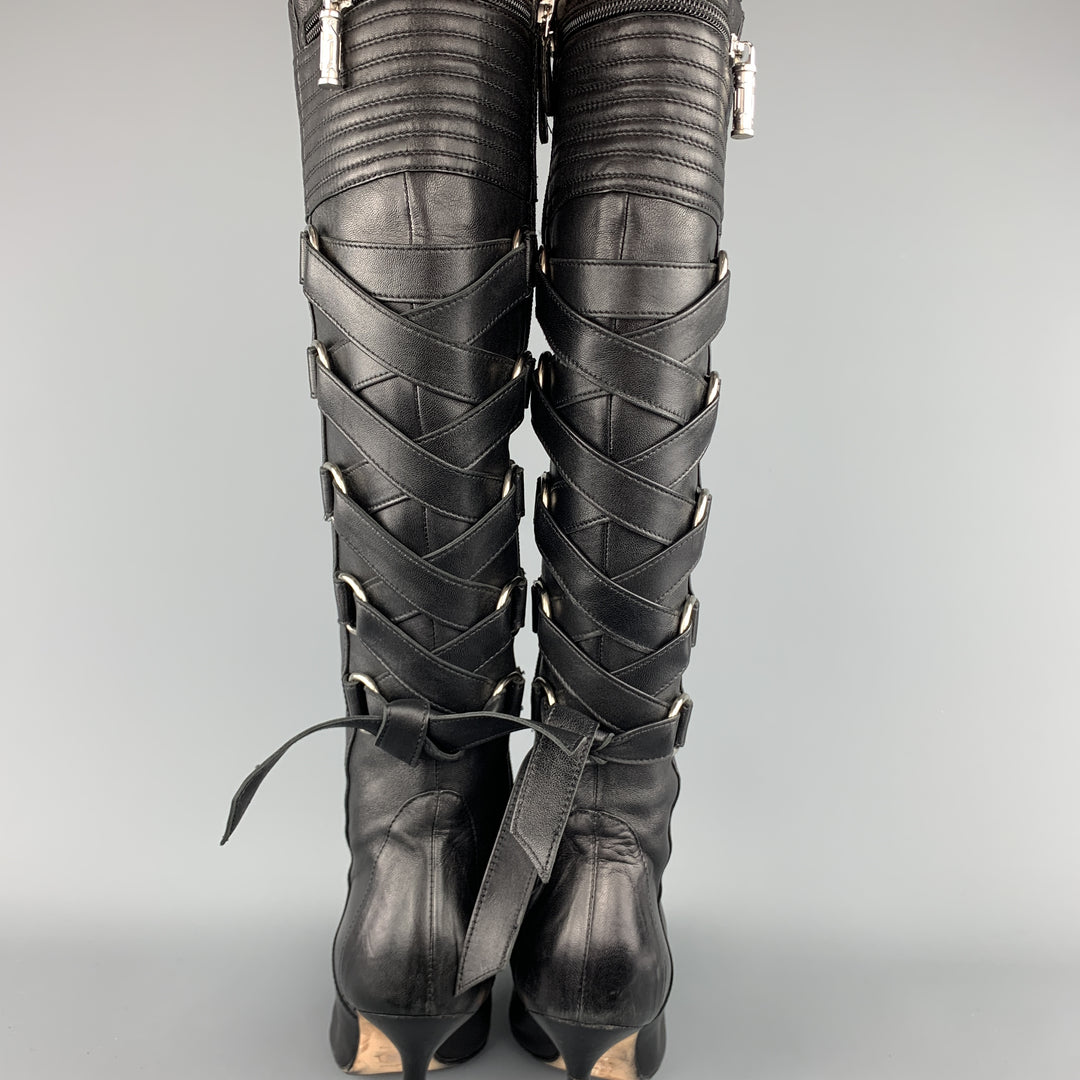 GIANNI VERSACE Size 8 Black Corset Back Pointed Knee High Boots