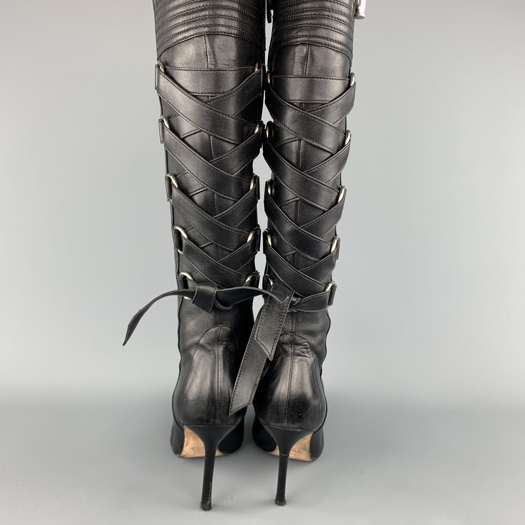 GIANNI VERSACE Size 8 Black Corset Back Pointed Knee High Boots