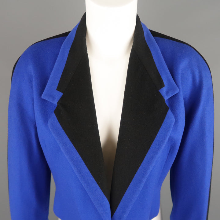 GIANNI VERSACE Size 8 Blue & Black Wool Cropped Blazer Jacket