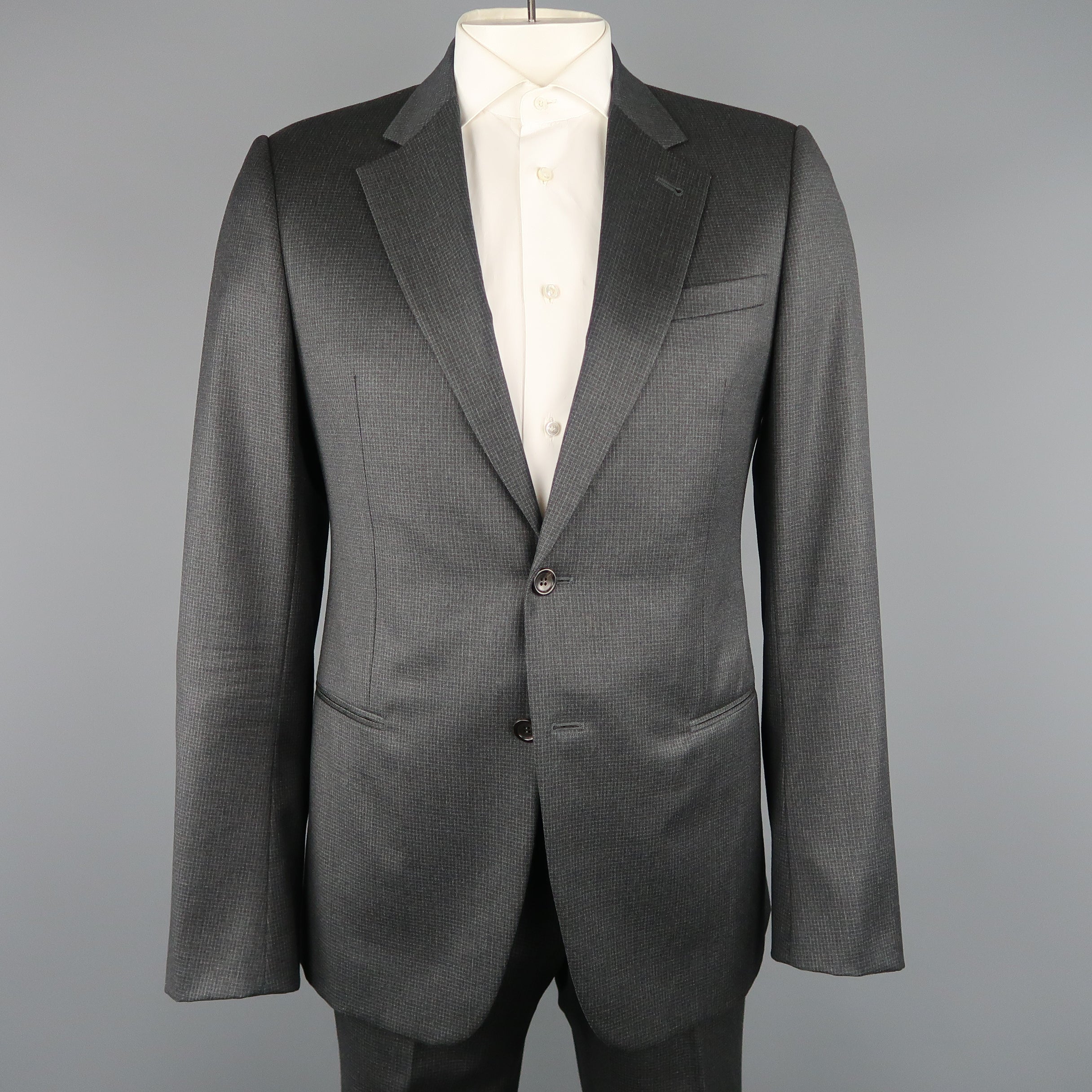 GIORGIO ARMANI 42 Charcoal Window Pane Wool Notch Lapel 2 pc Suit Sui Generis Designer Consignment