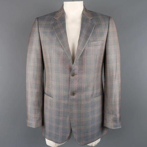 GIORGIO ARMANI 42 Long Grey & Orange Window Pane Wool / Silk Sport Coat GIORGIO ARMANI