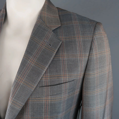 GIORGIO ARMANI 42 Long Grey & Orange Window Pane Wool / Silk Sport Coat GIORGIO ARMANI