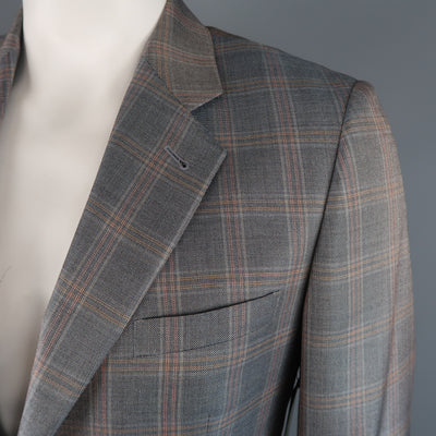 GIORGIO ARMANI 42 Long Grey & Orange Window Pane Wool / Silk Sport Coat