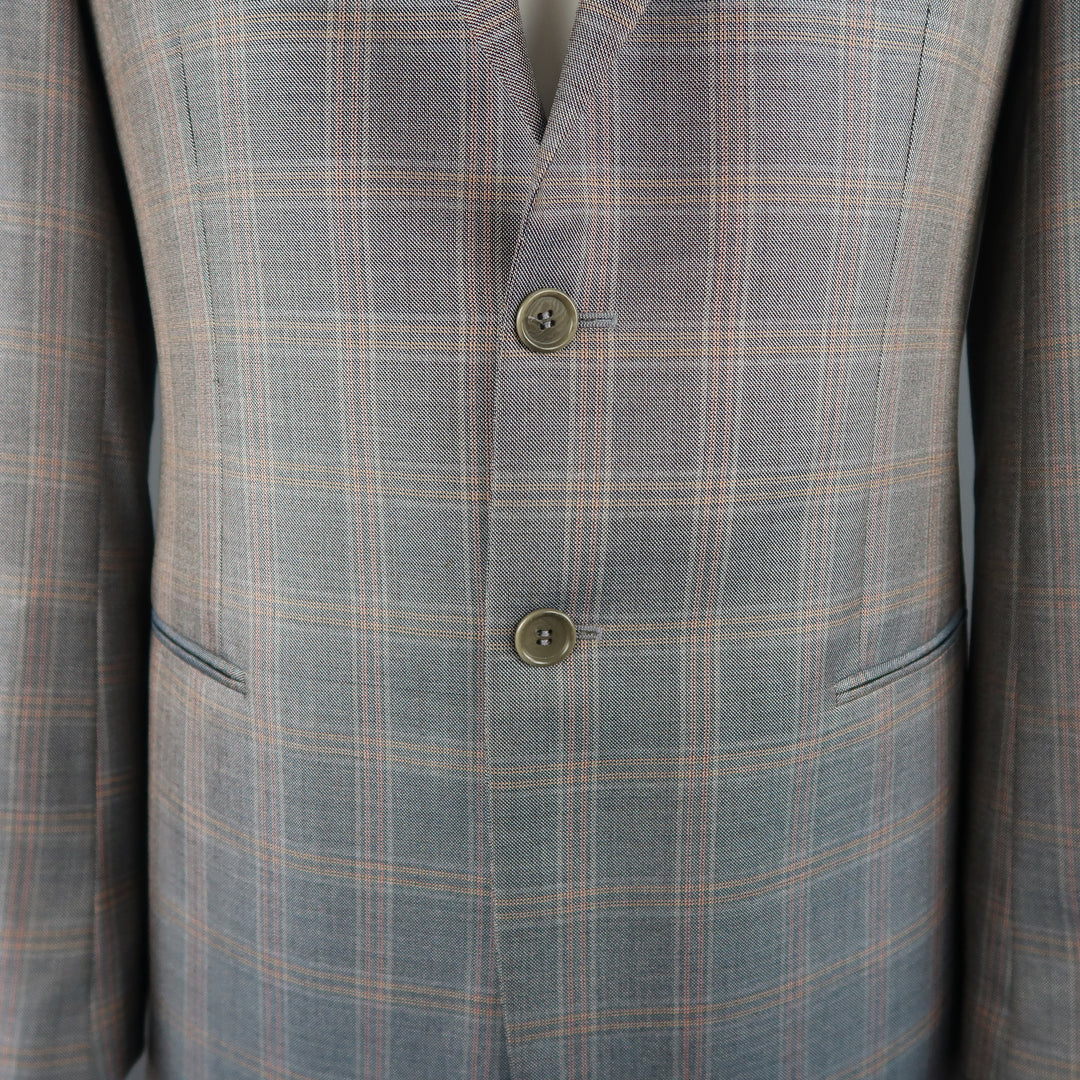 GIORGIO ARMANI 42 Long Grey & Orange Window Pane Wool / Silk Sport Coat