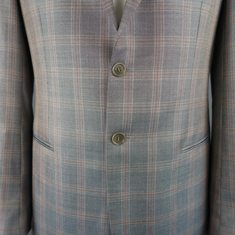 GIORGIO ARMANI 42 Long Grey & Orange Window Pane Wool / Silk Sport Coat GIORGIO ARMANI