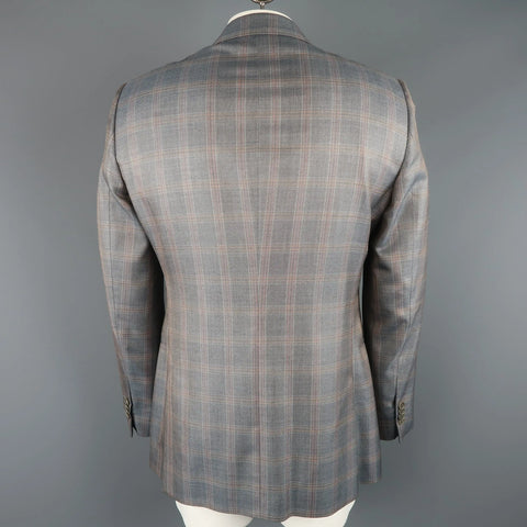 GIORGIO ARMANI 42 Long Grey & Orange Window Pane Wool / Silk Sport Coat GIORGIO ARMANI