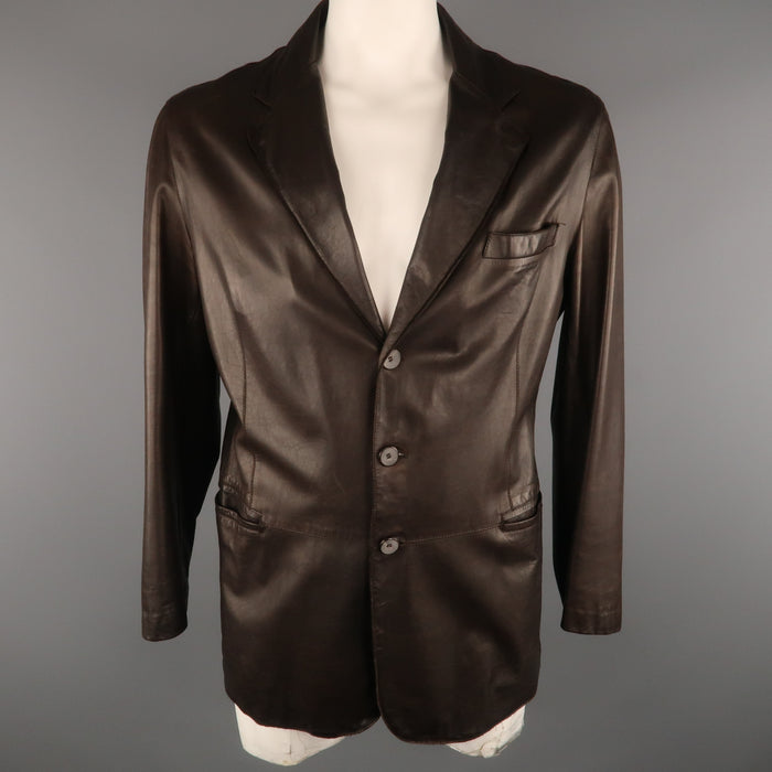 GIORGIO ARMANI 44 Brown Leather Notch Lapel  Coat