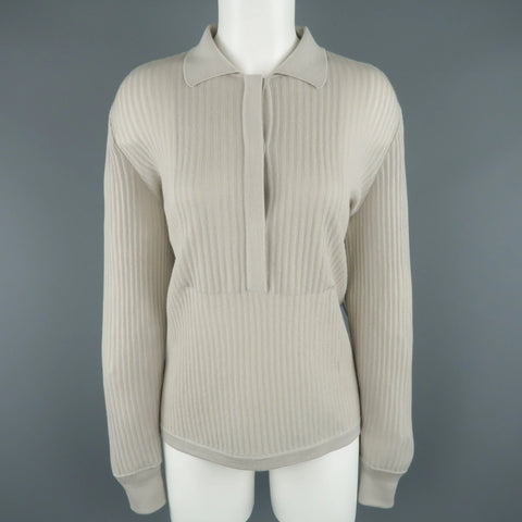 GIORGIO ARMANI Size 10 Light Gray Ribbed Cashmere Collared Pullover GIORGIO ARMANI
